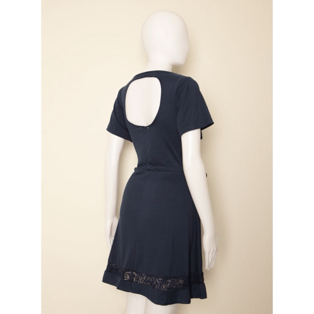 Navy Blue A Line Lace Stretchy Skater Vintage Style Retro Keyhole Dress Large